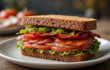 A classic sandwich with crispy bacon, lettuce, and tomato slices on toasted bread