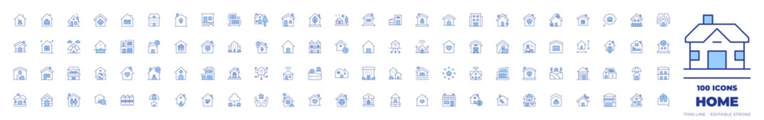 100 Home Icons Collection. Line Duotone style, editable stroke. home, multifamily house, smart house, solar house, work from home, home insurance, eco house