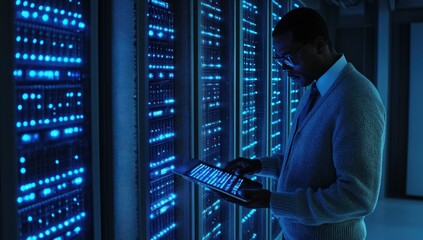 IT specialist working on server rack.