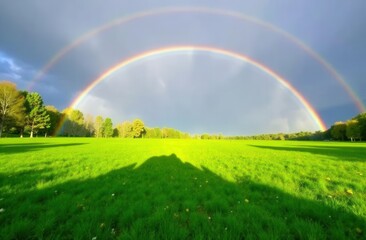 Vibrant double rainbow over green field under moody sky