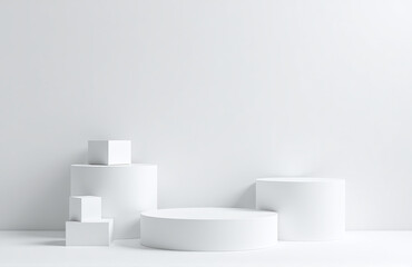 Simple Minimalist Scene Consisting Of A Set Of White Pedestals With Blank Podiums And Decorative Boxes In Vector Style.
