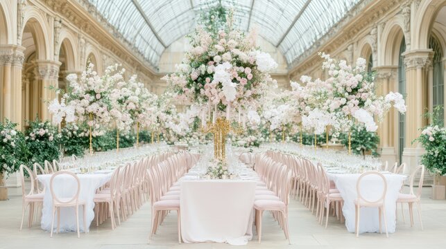 Elegant Banquet: A long, beautifully decorated banquet table with flower arrangements, set in a luxurious hall with a glass ceiling, ready for a celebration.