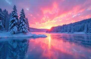 Serene winter sunrise over snowy lake with vibrant sky colors