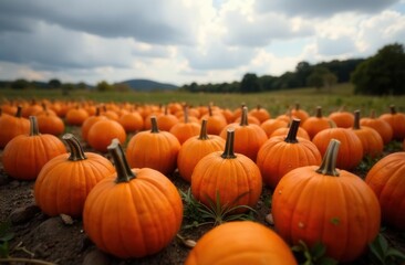 Field of bright orange pumpkins under partly cloudy sky in autumn landscape