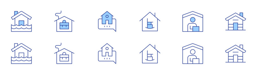Home icon set in two styles, Duotone and Thin Line style. Editable stroke. flooded house, working at home, home, retirement home, work from home