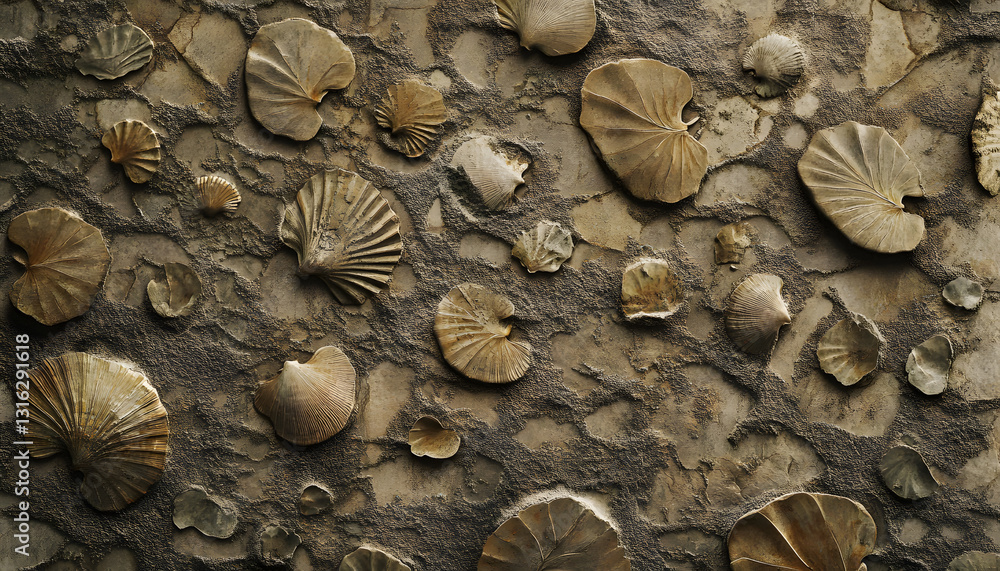 Aufkleber an abstract pattern resembling fossilized imprints of leaves and shells, rendered in muted earthy to
