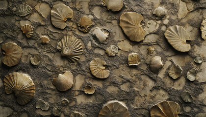 An abstract pattern resembling fossilized imprints of leaves and shells, rendered in muted earthy tones like sepia, moss green, and sandstone, with a rough, textured background evoking ancient,