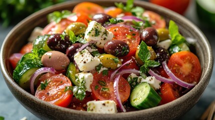 A culinary masterpiece, a symphony of flavors in a vibrant, rustic Greek salad, featuring plump tomatoes, crisp cucumbers, briny Kalamata olives, pungent red onions, and crumbled feta cheese, a