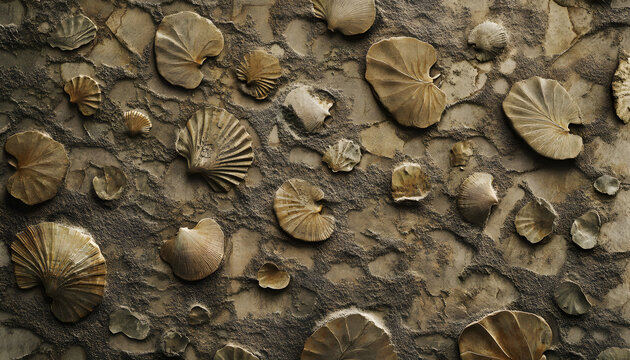 An abstract pattern resembling fossilized imprints of leaves and shells, rendered in muted earthy tones like sepia, moss green, and sandstone, with a rough, textured background evoking ancient,