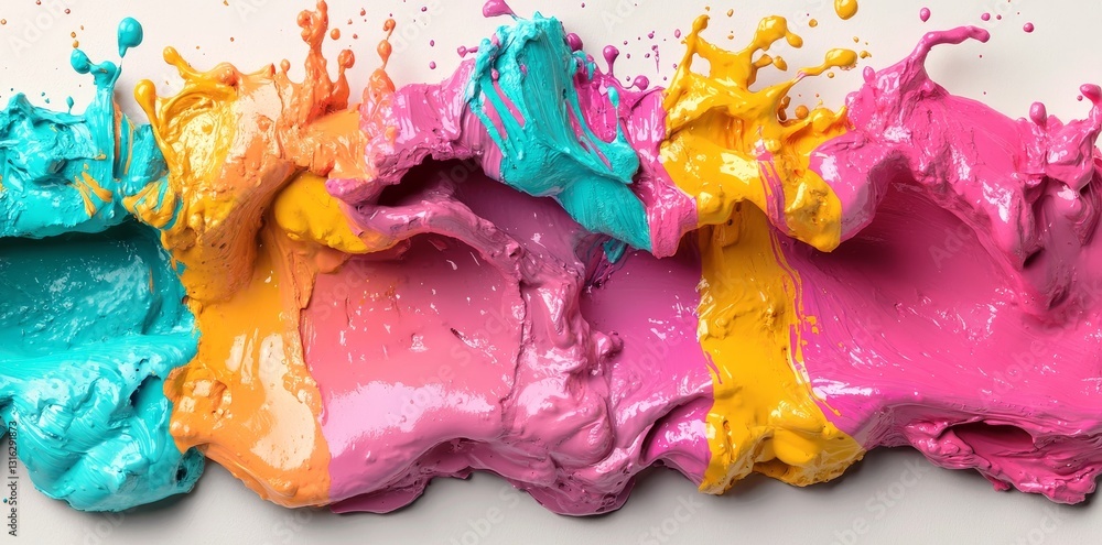 Poster watercolor splashes dynamically spread across a white background to form a vibrant artistic composit