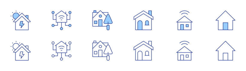 Home icon set in two styles, Duotone and Thin Line style. Editable stroke. home, house, solar energy, trowel