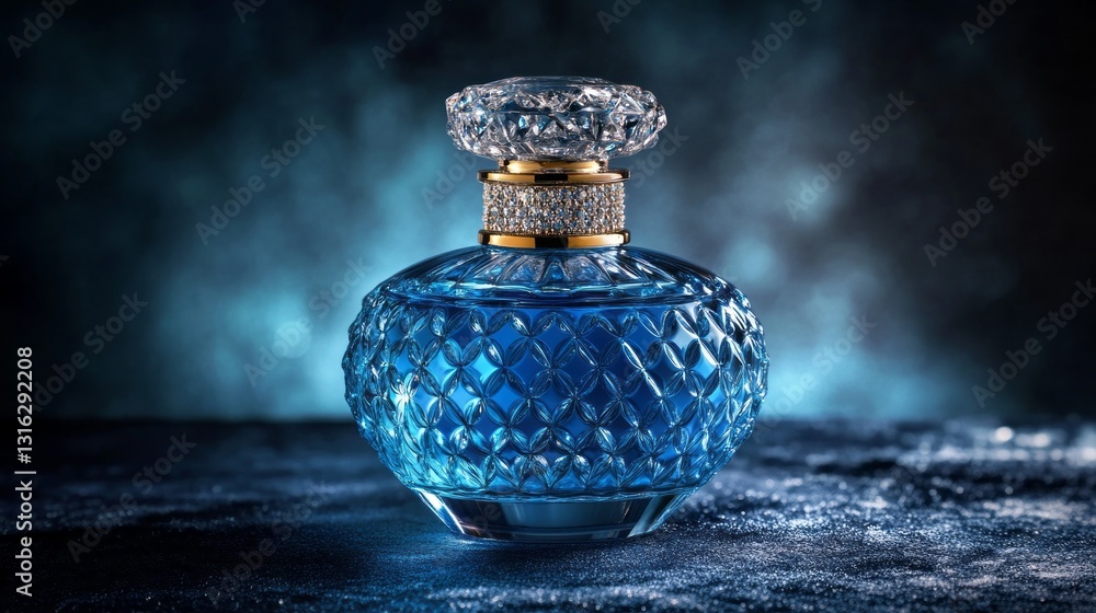 Poster delicate curves of a blue crystal perfume bottle catch the soft light in a tranquil setting. its lux