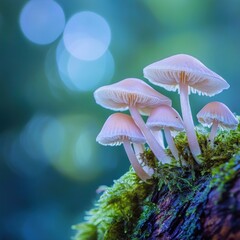 Enchanting cluster of bonnet mushrooms on mossy log serene backdrop light play scenic captivating nature view forest detail