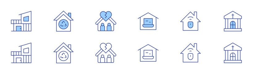 Home icon set in two styles, Duotone and Thin Line style. Editable stroke. modern house, working at home, eco house, home, charnel house, broken
