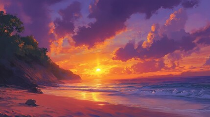 Fototapeta premium A vibrant painting captures a breathtaking sunset over a serene beach, where golden and orange hues blend in the sky. A solitary tree stands on a cliff, silhouetted against the colorful horizon.