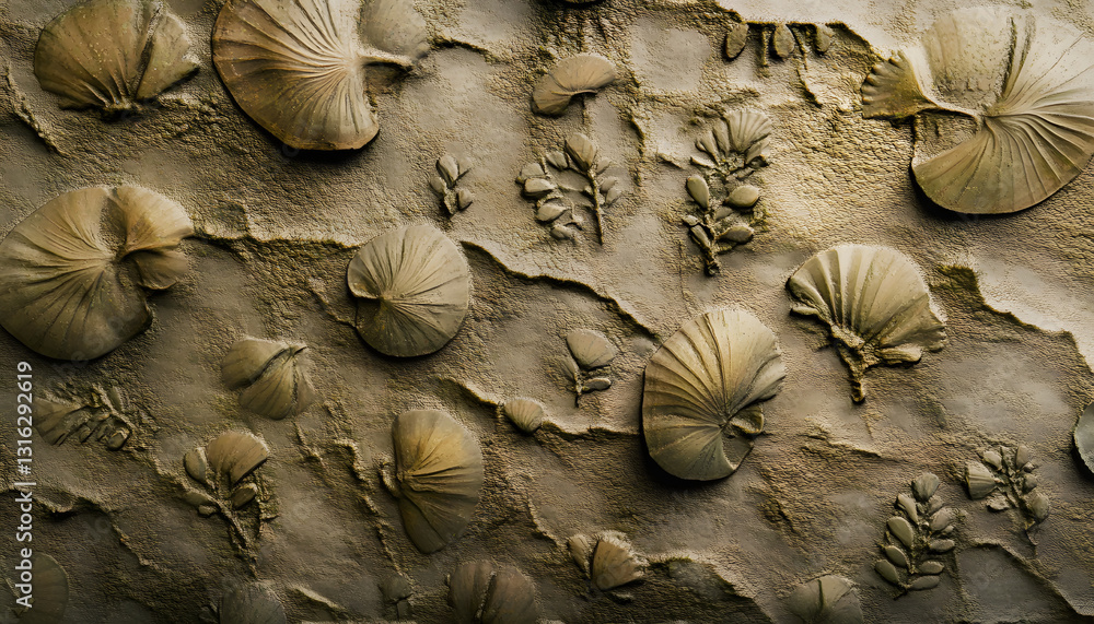 Aufkleber an abstract pattern resembling fossilized imprints of leaves and shells, rendered in muted earthy to
