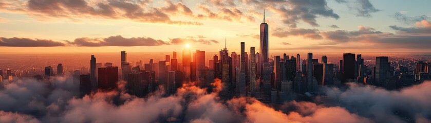 Aerial View of City Skyline at Sunset with Colorful Clouds