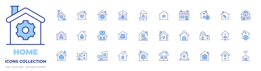 Home icons collection. Line Duotone style, editable stroke. house, modern house, working at home, home, solar house, eco house, work from home, bird house