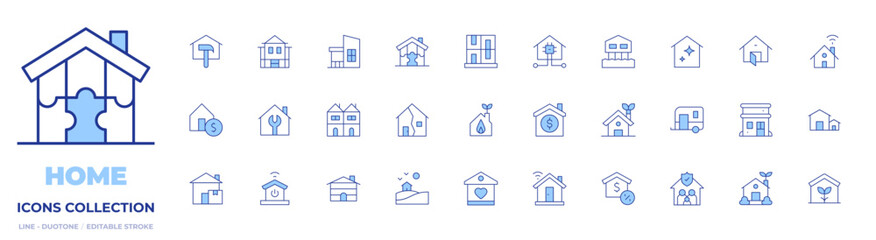 Home icons collection. Line Duotone style, editable stroke. house, smart home, home delivery, wood house, repair, terraced house, home repair, eco house