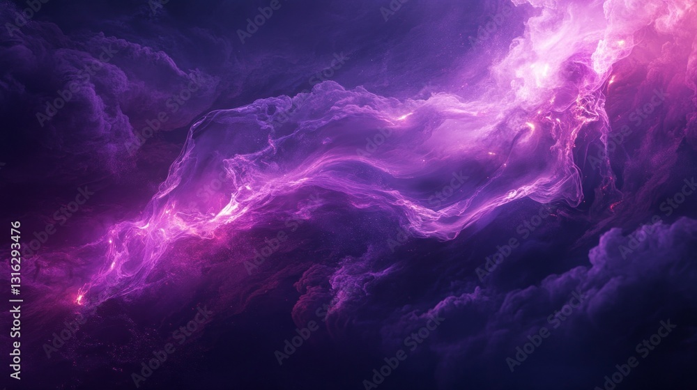 Poster in the depths of the universe, swirling purple clouds intertwine with wisps of energy, creating a me