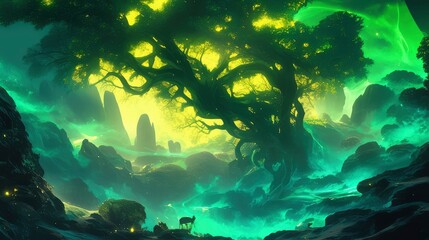 Fototapeta premium Enchanting Mystical Forest Landscape with Ancient Tree and Glowing River