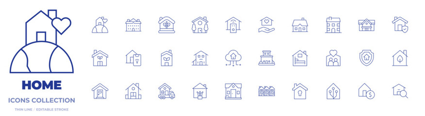 Home icons collection. Thin Line icons, editable stroke. home security, smart house, eco home, home, eco house, moving home, home insurance, smart home