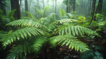 Lush green ferns flourishing in a foggy and wet forest
