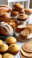 A beautifully arranged selection of muffins sourdough bread and puff pastry placed on a white table for a perfect meal food photography wallpaper stock photo for menu