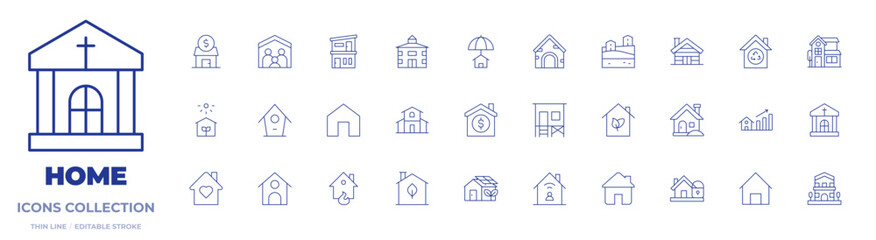 Home icons collection. Thin Line icons, editable stroke. green house, home insurance, eco house, dog house, beach house, big house, octagon house, home