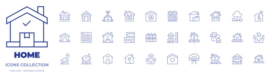 Home icons collection. Thin Line icons, editable stroke. home, house, multifamily house, dog house, smart house, eco house, tree house, home automation