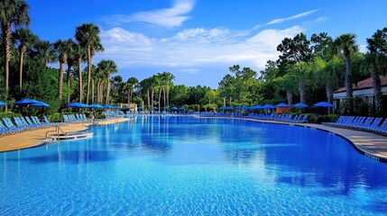 Large resort pool with blue umbrellas and lounge chairs.