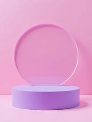 Purple Podium Has A Transparent Glass Circle Behind It On A Pink Colored Background In A Three Dimensional Design.