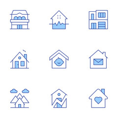 Fototapeta premium Home icons set. Line Duotone style, editable stroke. house, nursing home, working at home, modern house, child, earthquake, home