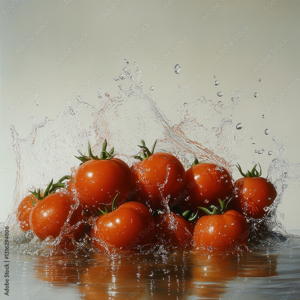 Poster ripe tomatoes glistening with water drops creating dynamic splash reflecting light in elegant studio