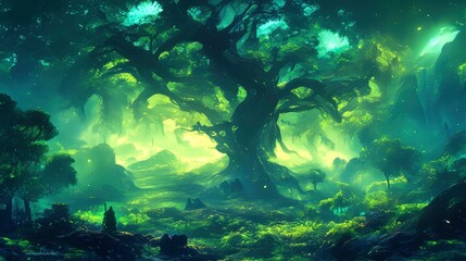 Enchanting Luminescent Forest A Mystical Digital Painting of an Ancient Tree and Glowing Landscape