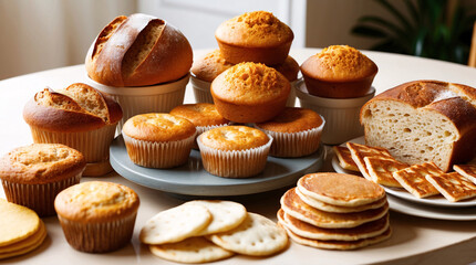 A fresh selection of sourdough bread muffins and puff pastry beautifully arranged on a white table for a delightful breakfast food photography wallpaper stock photo for menu