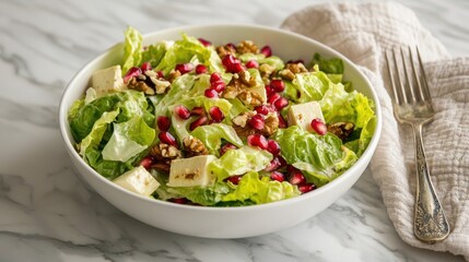 Fresh salad of lettuce leaves feta cheese walnuts and pomegranate seeds on marble table healthy organic light meal