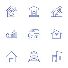 Home icons set. Thin Line style, editable stroke. eco house, big house, villa, charnel house, house, value, smart house, home