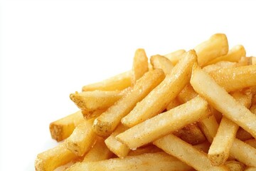 Golden salty fries on white background capturing food photography style and focus on detail of the fries