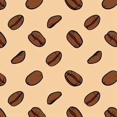 coffee beans seamless  pattern, packaging paper, wallpaper, background, coffee day, cover, coffee house decor, hand drawn doodle vector illustration