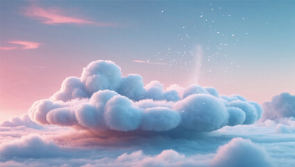 A dreamy cloud podium floating in a pastel sky, illuminated by soft sunlight. This ethereal fantasy scene is perfect for product displays, creative backgrounds, surreal art, or whimsical branding