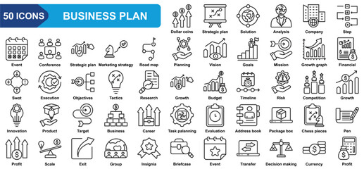 Business plan collection icon set. Strategic plan, Dollar,  Solution, Analysis, Company, Conference, Marketing strategy. Simple line vector. © IYAHICON