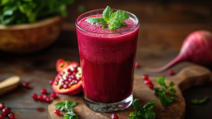 A glass, a vibrant canvas of crimson and ruby, cradles a vibrant concoction of freshly squeezed juice: a verdant elixir infused with the earth is rich beet and pomegranate, a symphony of flavors and