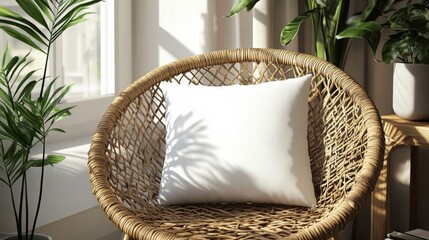 Fototapeta premium White Pillow on Wicker Chair in Sunlit Room