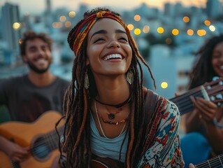 Joyful Rooftop Jam Session Under City Lights