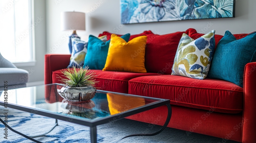 Poster A lively living room showcases a bold red couch adorned with an array of colorful pillows. Natural light streams through large windows, highlighting decorative elements that create a warm environment