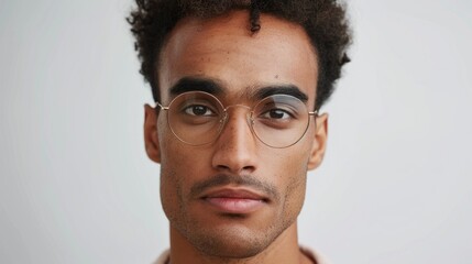 Naklejka premium The image shows a young adult male with facial hair wearing round glasses and a short beard, looking directly at the camera.
