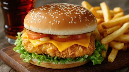 A golden haven for fast food enthusiasts, featuring a succulent chicken burger, topped with melted cheese, served with a side of crispy golden fries, and quenched with a refreshing cola, its