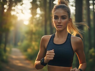 Young Woman Running Through a Serene Forest in the Morning Light