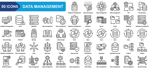 Data management collection icon set. Data processing, File, File directory, Database, Server, Data storage, Data security. Simple line vector.